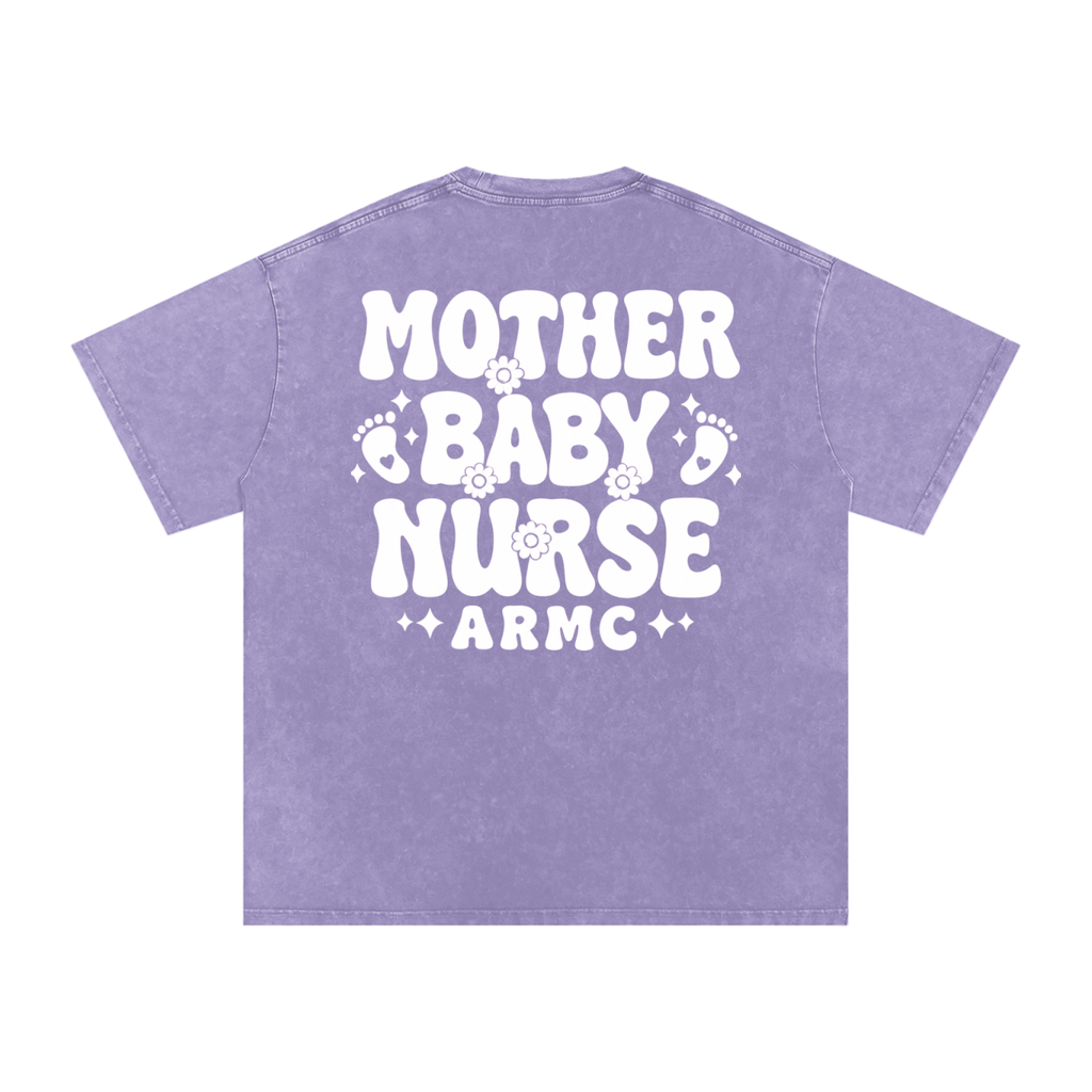 Mother Baby White Text- Adult Unisex Snow Washed Oversized Cotton T-Shirt