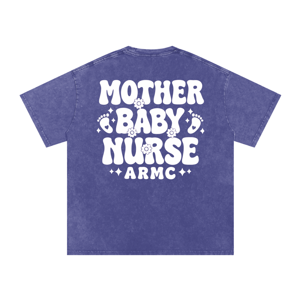 Mother Baby White Text- Adult Unisex Snow Washed Oversized Cotton T-Shirt