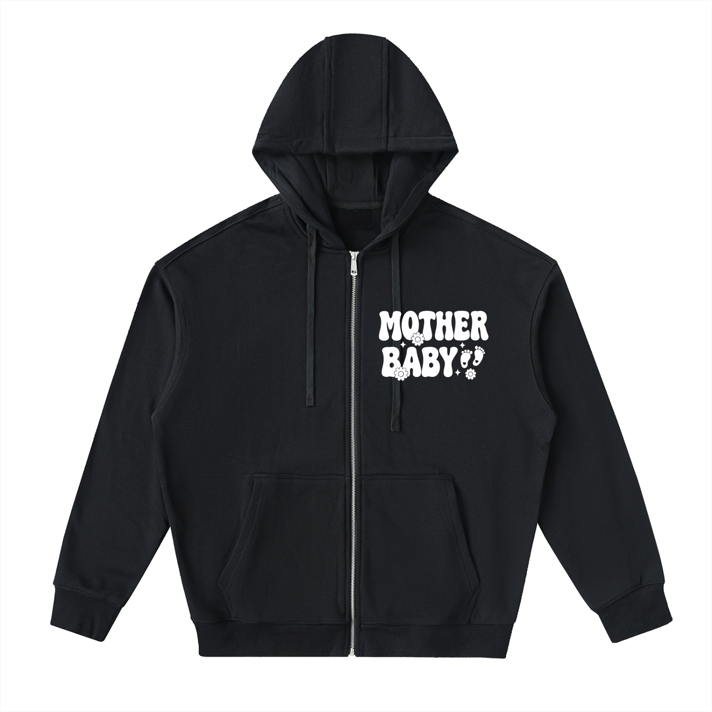 Mother Baby White Text - Adult Unisex Drop-Shoulder Zip Up Hoodie