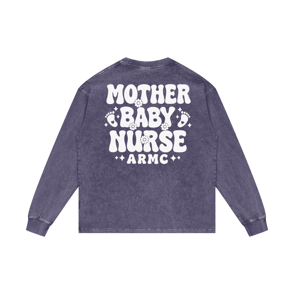 Mother Baby White Lettering- Adult Unisex Acid Wash Oversize Long Sleeve T-Shirt