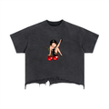 “Cherry/Angel Black shirt”- adult unisex Vintage Wash Boxy Distressed Hem T-Shirt