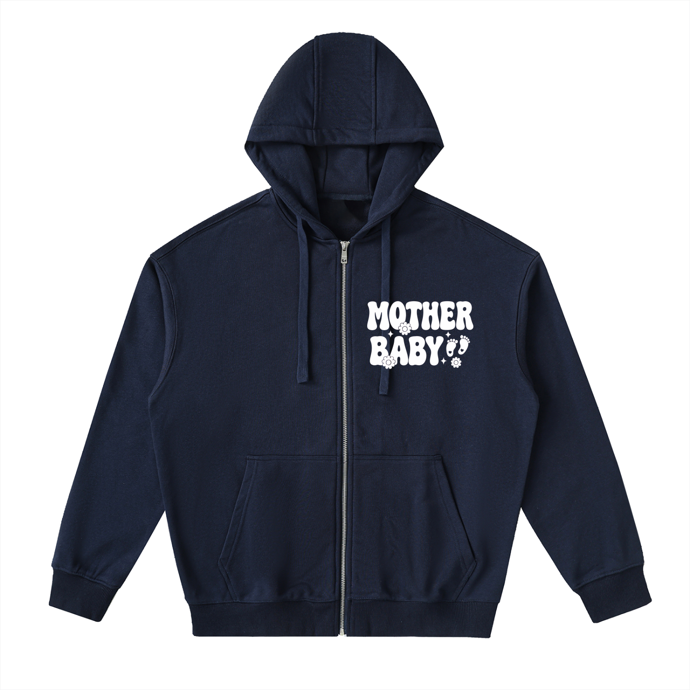 Mother Baby White Text - Adult Unisex Drop-Shoulder Zip Up Hoodie