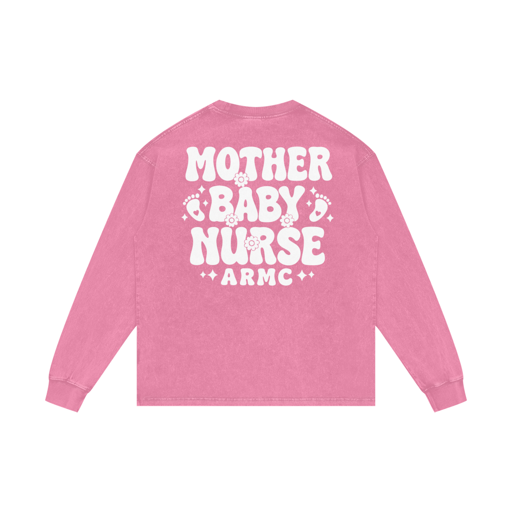 Mother Baby White Lettering- Adult Unisex Acid Wash Oversize Long Sleeve T-Shirt