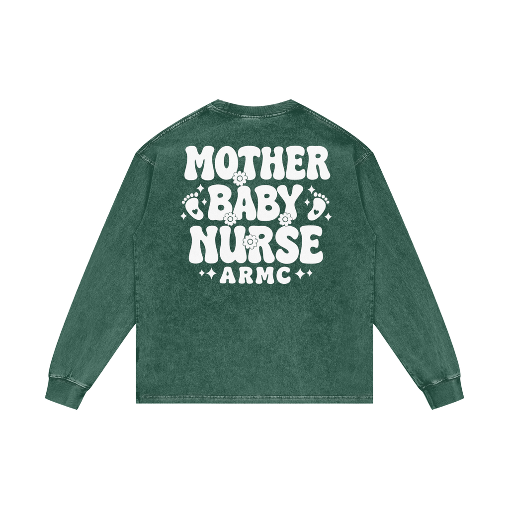 Mother Baby White Lettering- Adult Unisex Acid Wash Oversize Long Sleeve T-Shirt