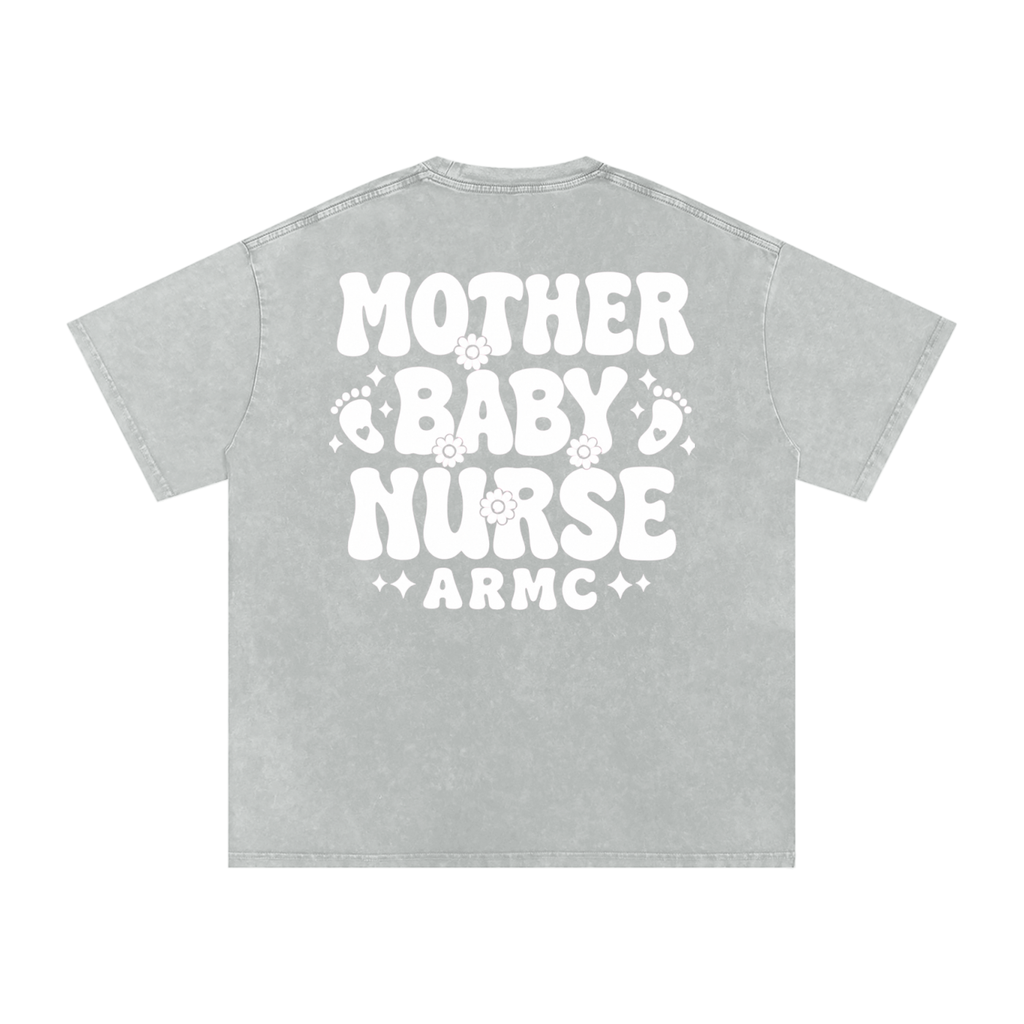 Mother Baby White Text- Adult Unisex Snow Washed Oversized Cotton T-Shirt