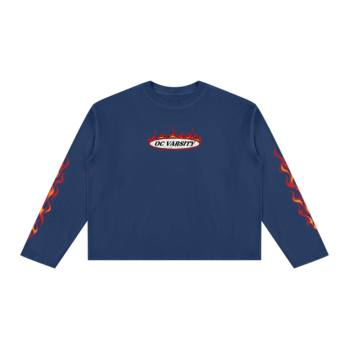 OC Varsity Flames- Unisex Vintage Wash Long Sleeve Boxy T-Shirt