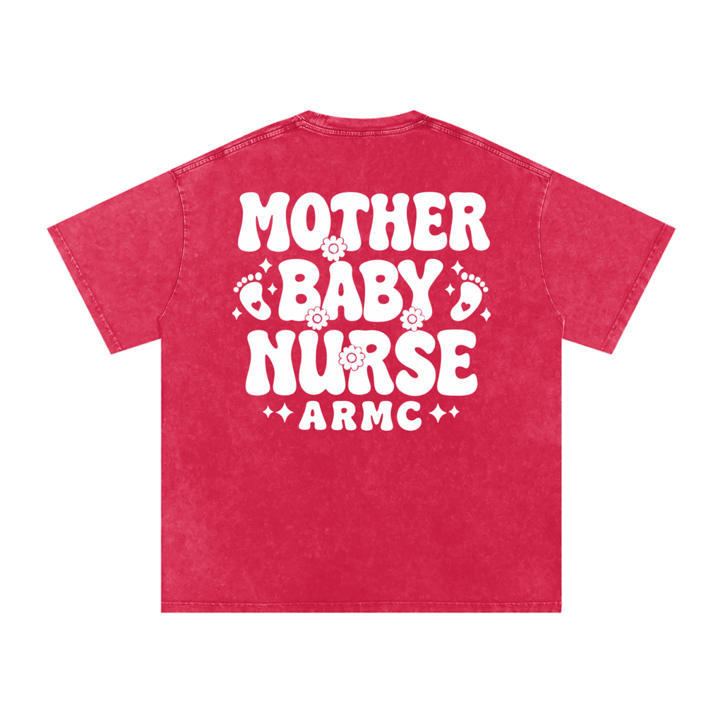Mother Baby White Text- Adult Unisex Snow Washed Oversized Cotton T-Shirt