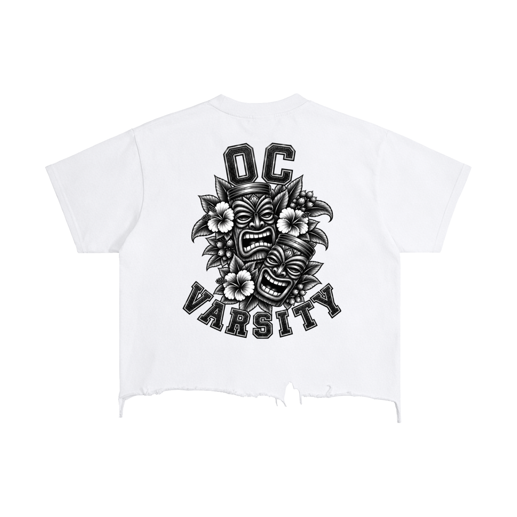 “Tiki Tiki OC VARSITY”- adult unisex Vintage Wash Boxy Distressed Hem T-Shirt