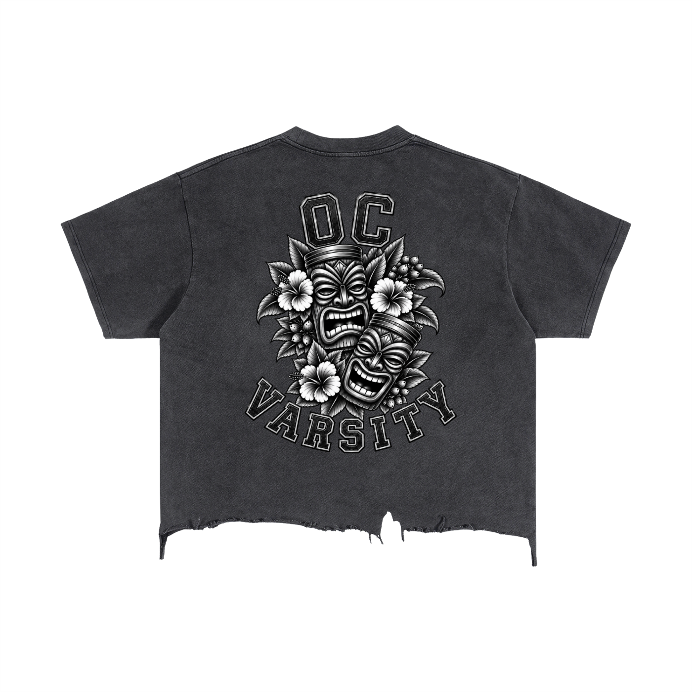 “Tiki Tiki OC VARSITY”- adult unisex Vintage Wash Boxy Distressed Hem T-Shirt