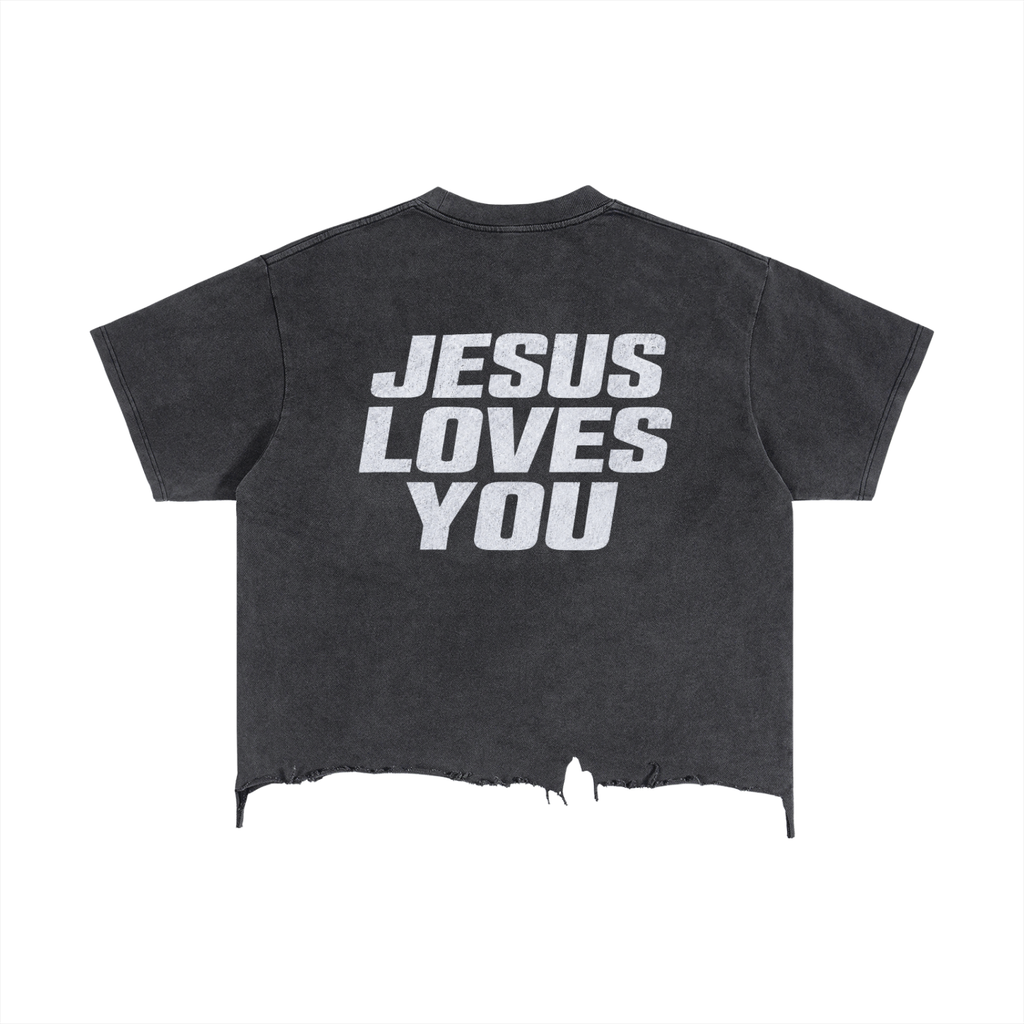 Jesus Loves You- adult unisex Vintage Wash Boxy Distressed Hem T-Shirt