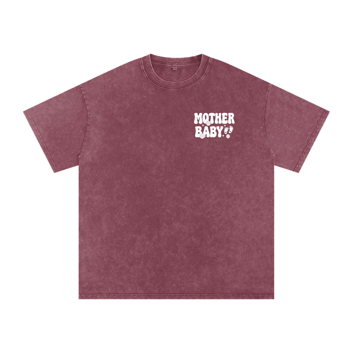 Mother Baby White Text- Adult Unisex Snow Washed Oversized Cotton T-Shirt