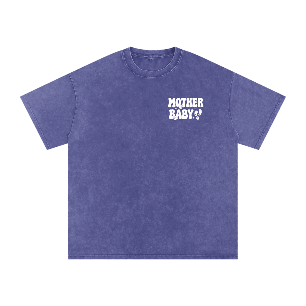 Mother Baby White Text- Adult Unisex Snow Washed Oversized Cotton T-Shirt