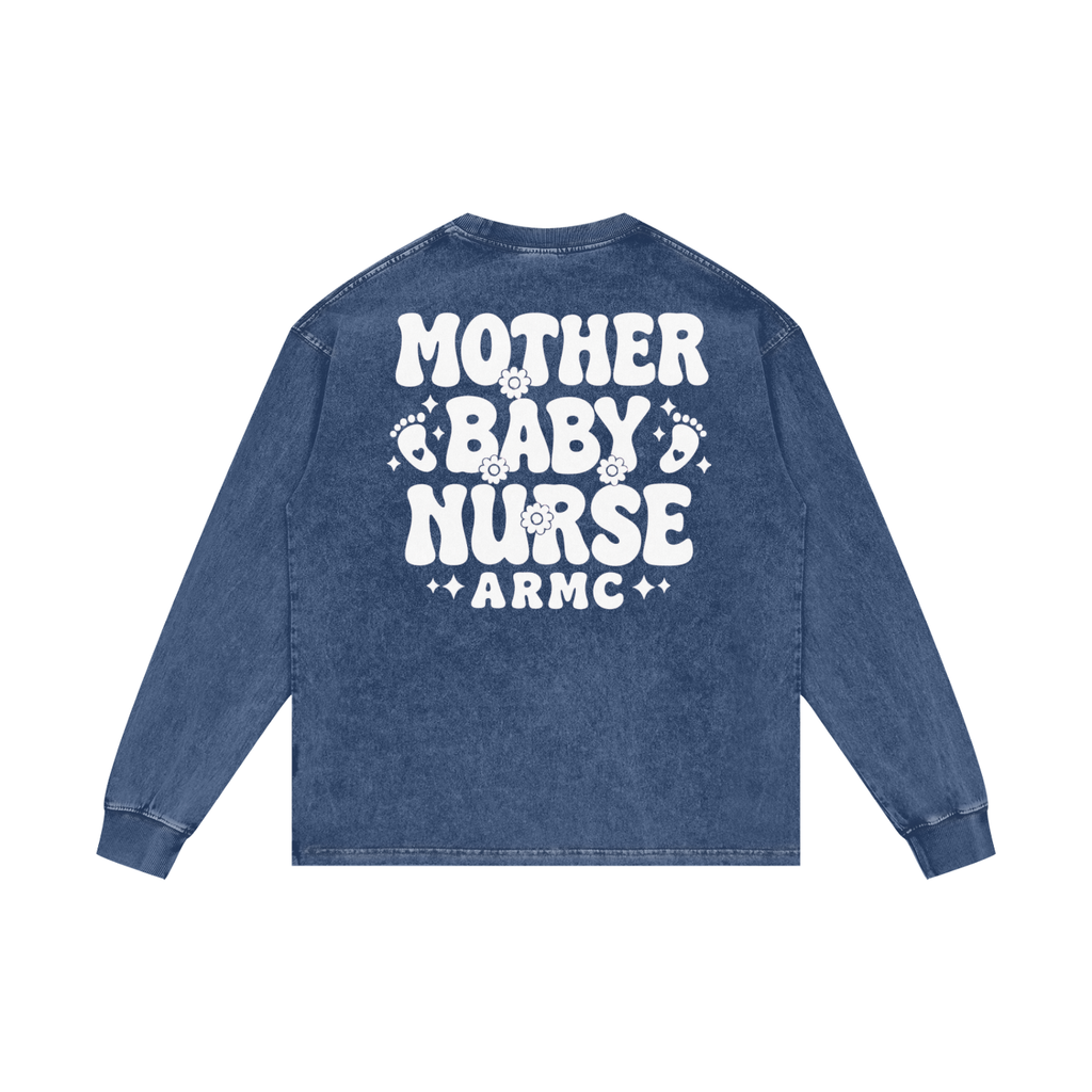 Mother Baby White Lettering- Adult Unisex Acid Wash Oversize Long Sleeve T-Shirt