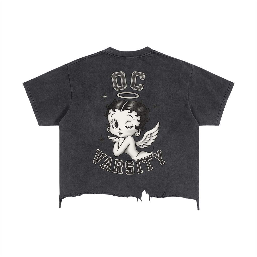 Angel Betty OC VARSITY- adult unisex Vintage Wash Boxy Distressed Hem T-Shirt