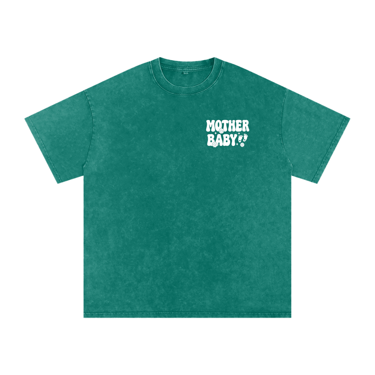 Mother Baby White Text- Adult Unisex Snow Washed Oversized Cotton T-Shirt