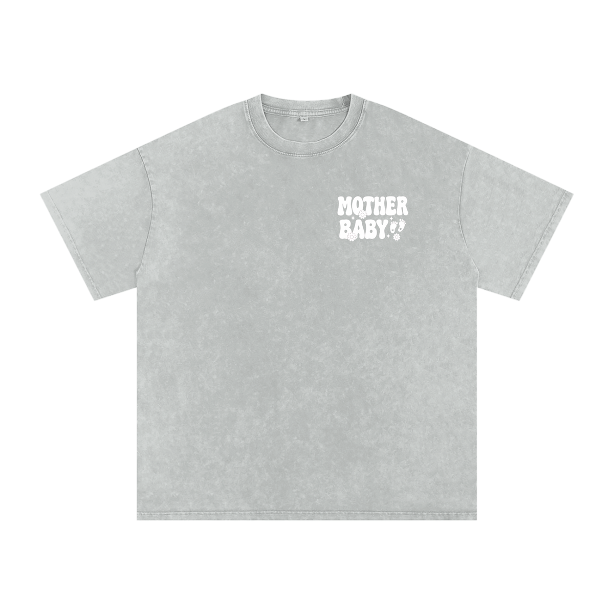 Mother Baby White Text- Adult Unisex Snow Washed Oversized Cotton T-Shirt