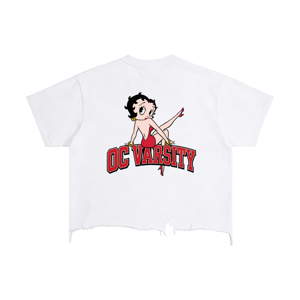 “OC VARSITY Betty Boop white shirt”- adult unisex Vintage Wash Boxy Distressed Hem T-Shirt