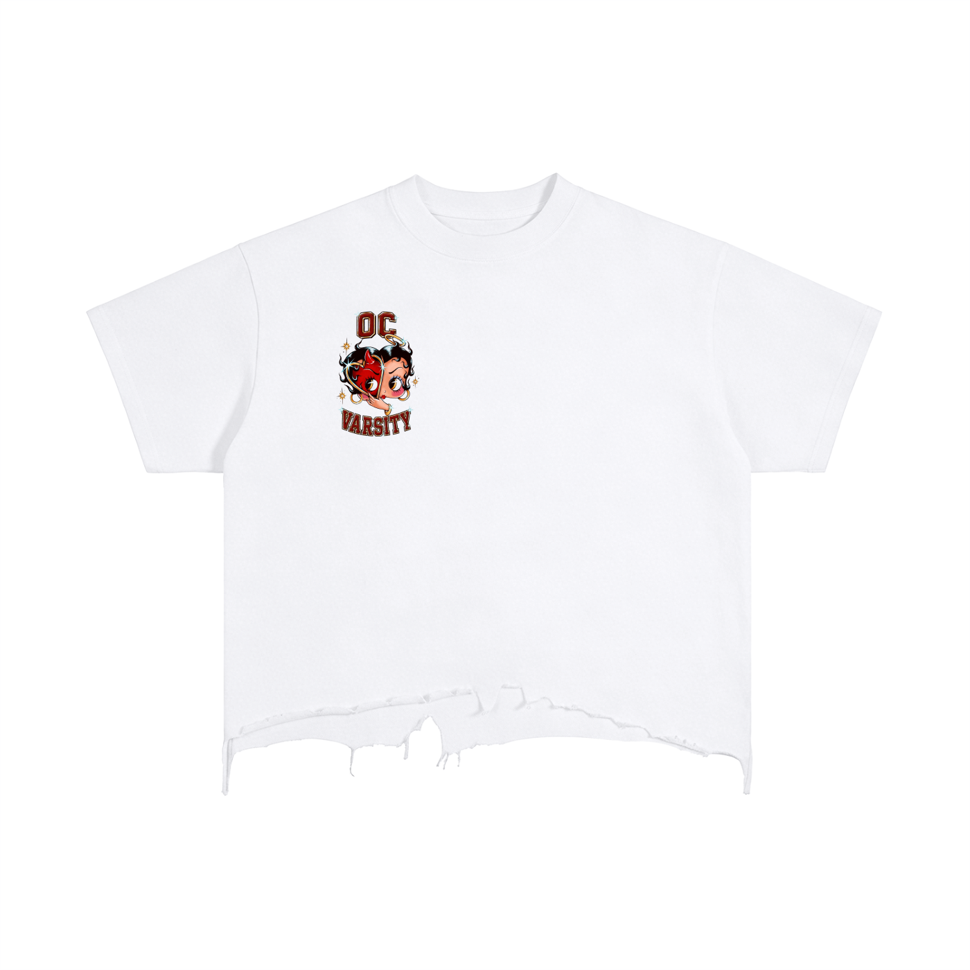 Betty devil/angel OC VARSITY- adult unisex Vintage Wash Boxy Distressed Hem T-Shirt