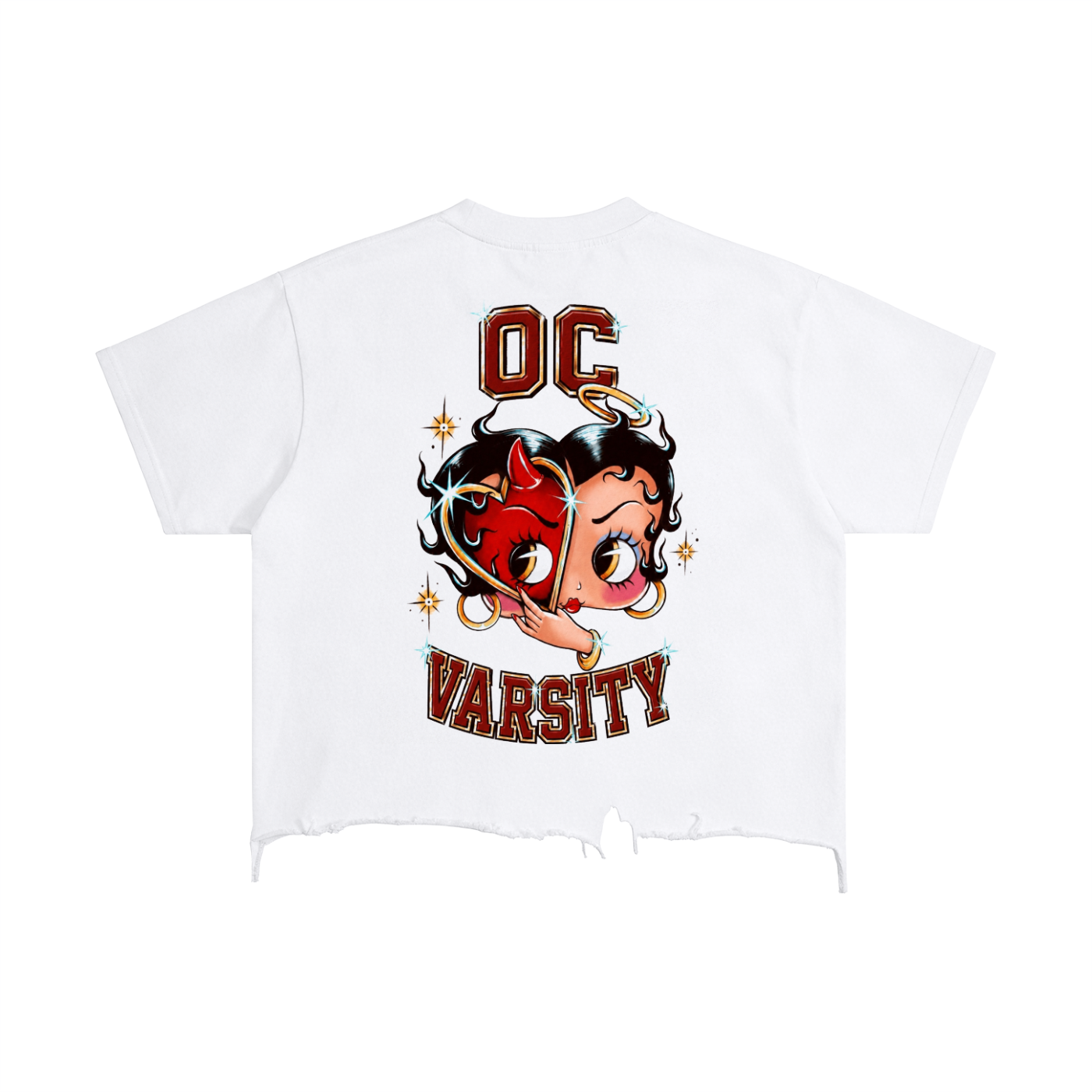 Betty devil/angel OC VARSITY- adult unisex Vintage Wash Boxy Distressed Hem T-Shirt