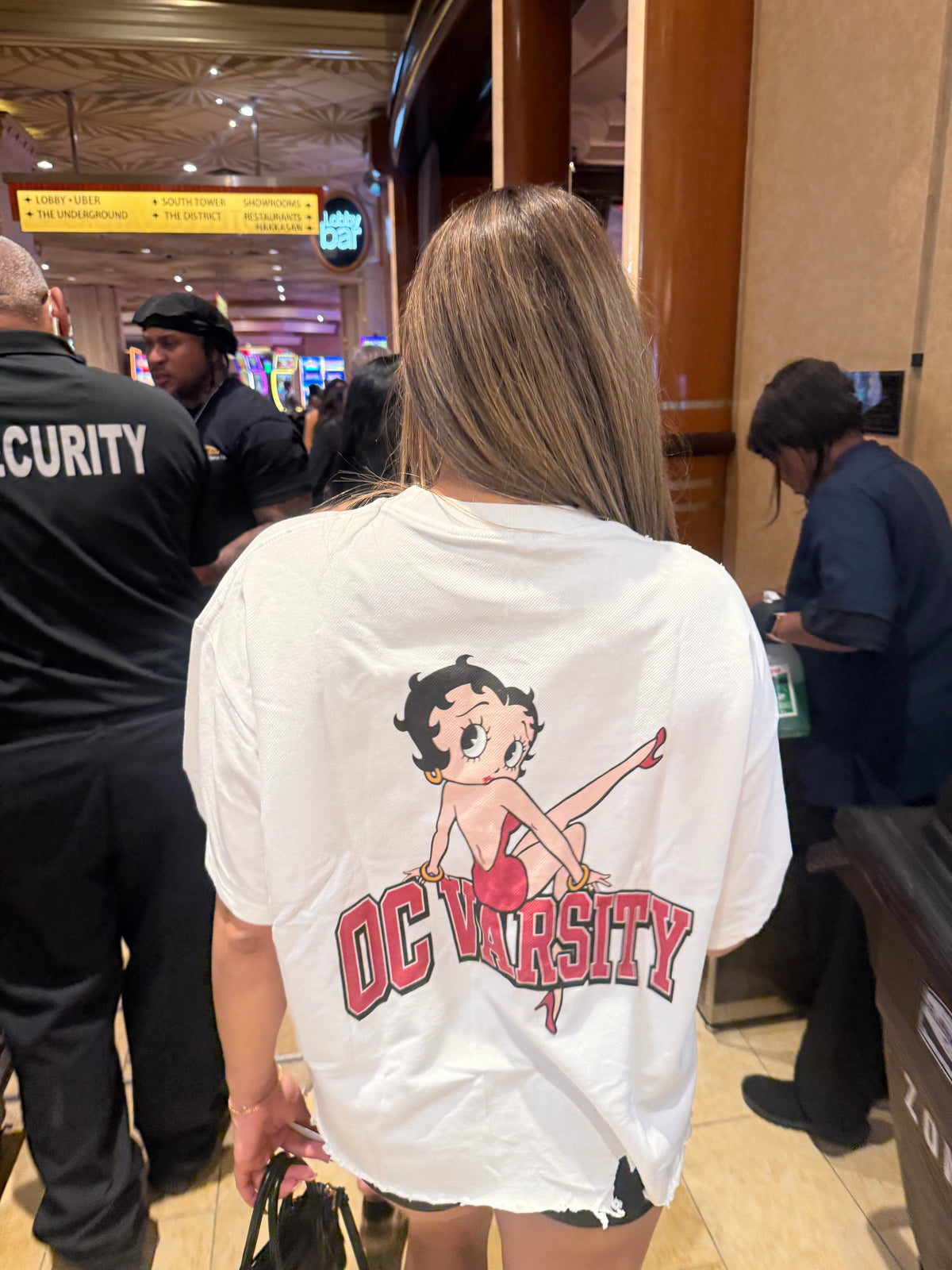 “OC VARSITY Betty Boop white shirt”- adult unisex Vintage Wash Boxy Distressed Hem T-Shirt