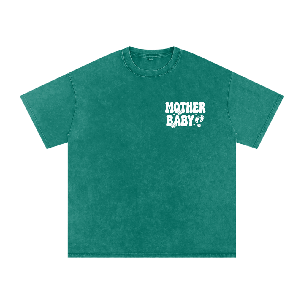 Mother Baby White Text- Adult Unisex Snow Washed Oversized Cotton T-Shirt