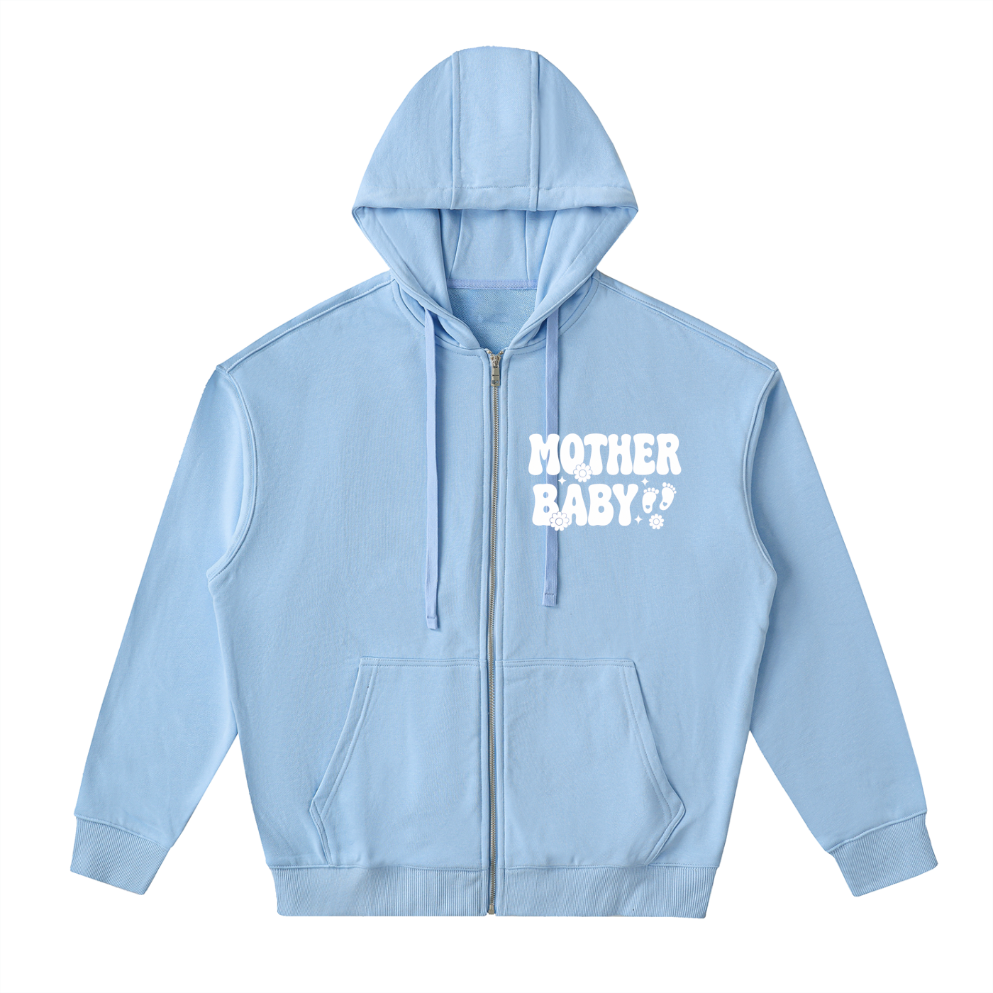 Mother Baby White Text - Adult Unisex Drop-Shoulder Zip Up Hoodie