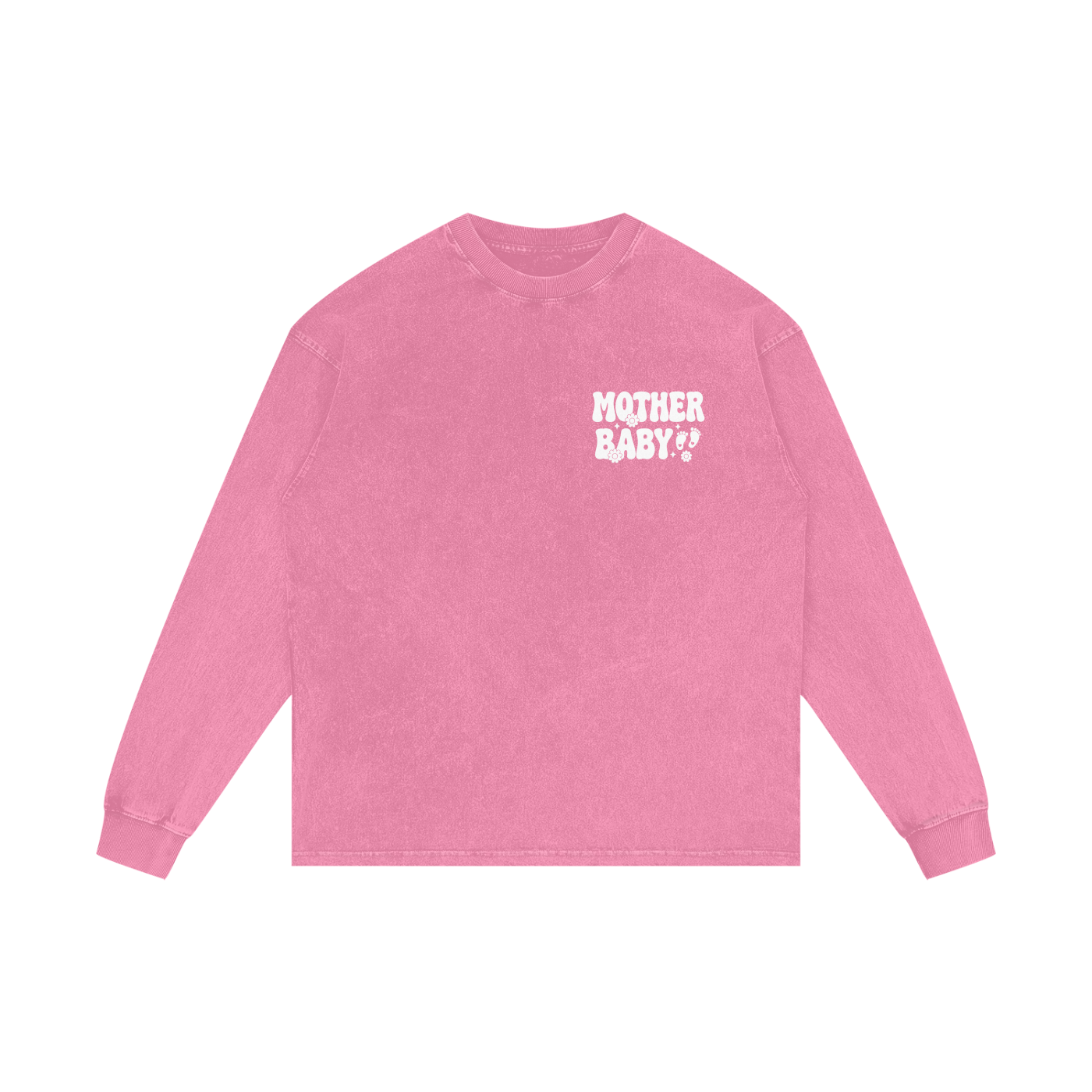 Mother Baby White Lettering- Adult Unisex Acid Wash Oversize Long Sleeve T-Shirt