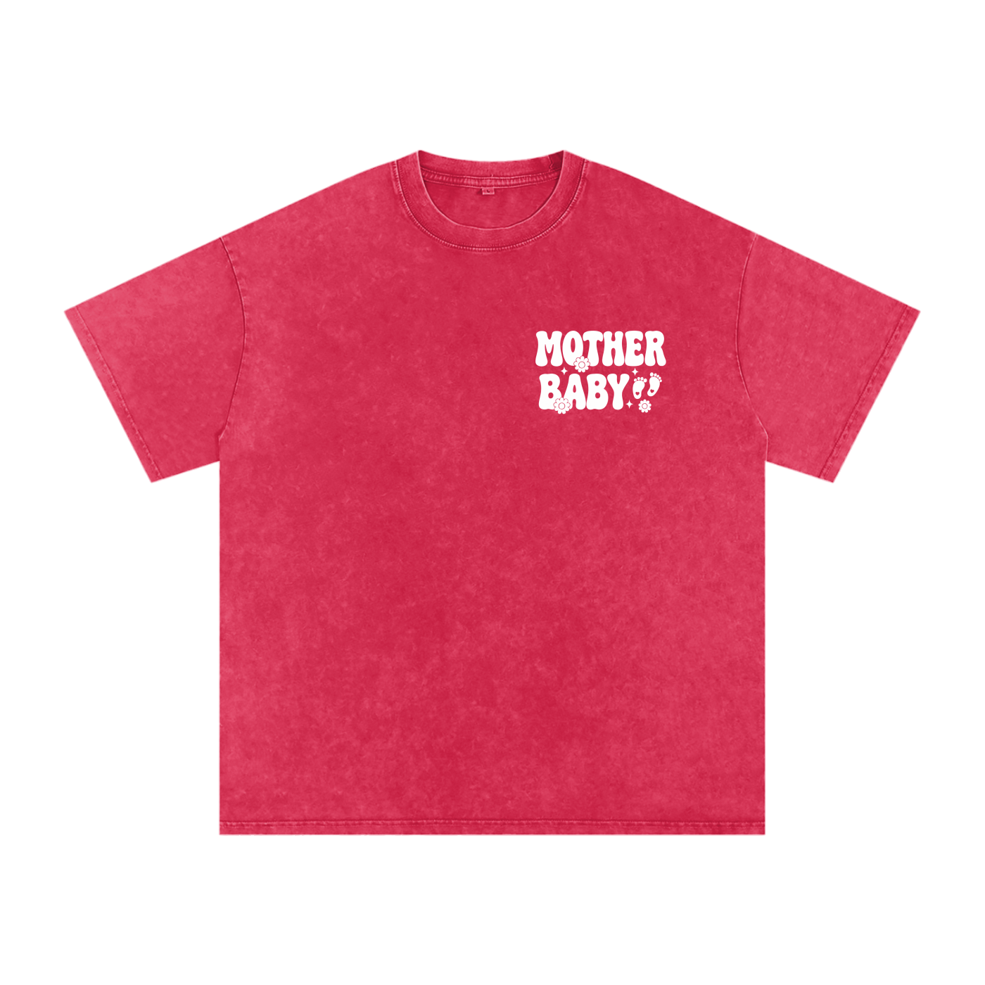 Mother Baby White Text- Adult Unisex Snow Washed Oversized Cotton T-Shirt