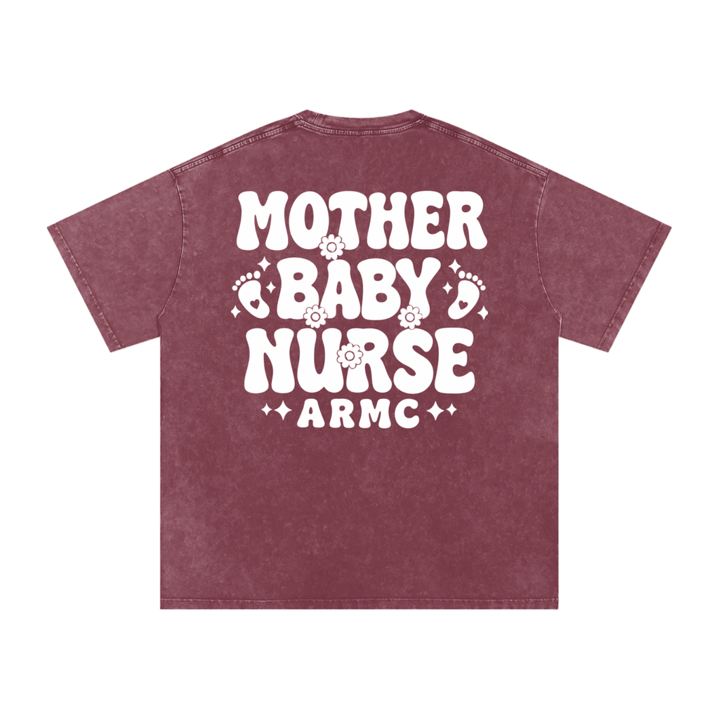 Mother Baby White Text- Adult Unisex Snow Washed Oversized Cotton T-Shirt