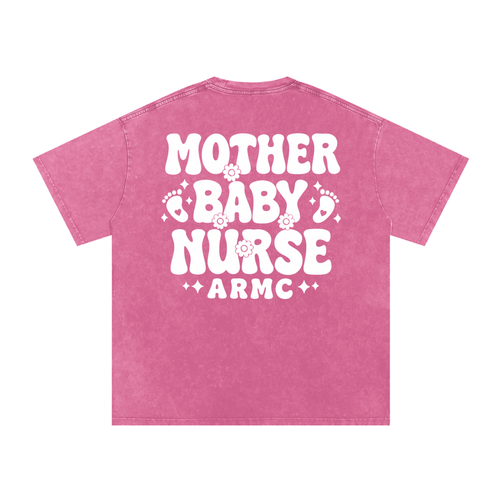 Mother Baby White Text- Adult Unisex Snow Washed Oversized Cotton T-Shirt