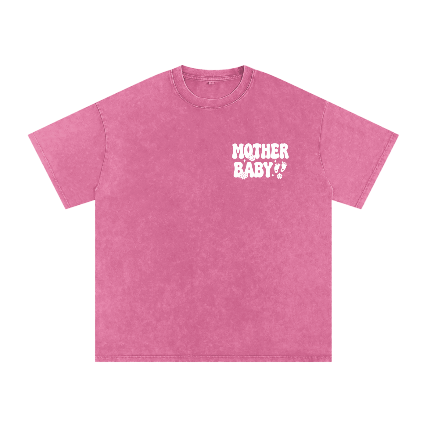 Mother Baby White Text- Adult Unisex Snow Washed Oversized Cotton T-Shirt