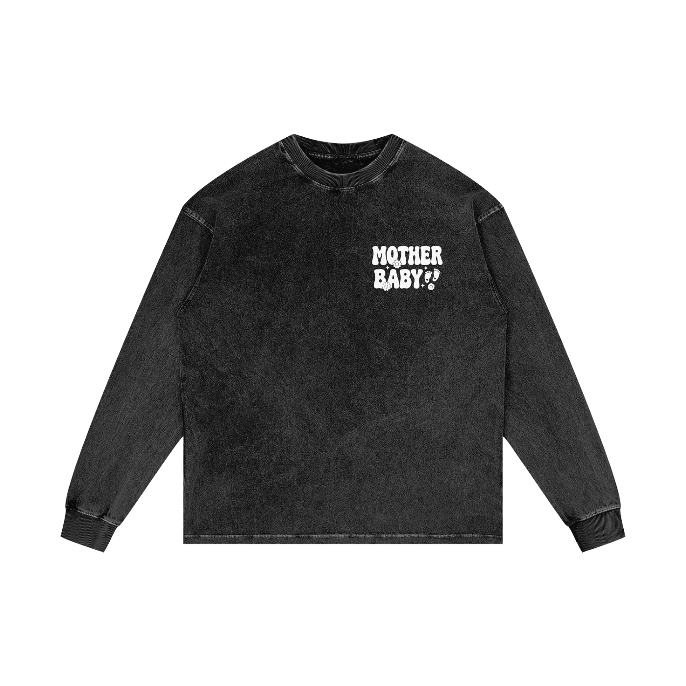 Mother Baby White Lettering- Adult Unisex Acid Wash Oversize Long Sleeve T-Shirt