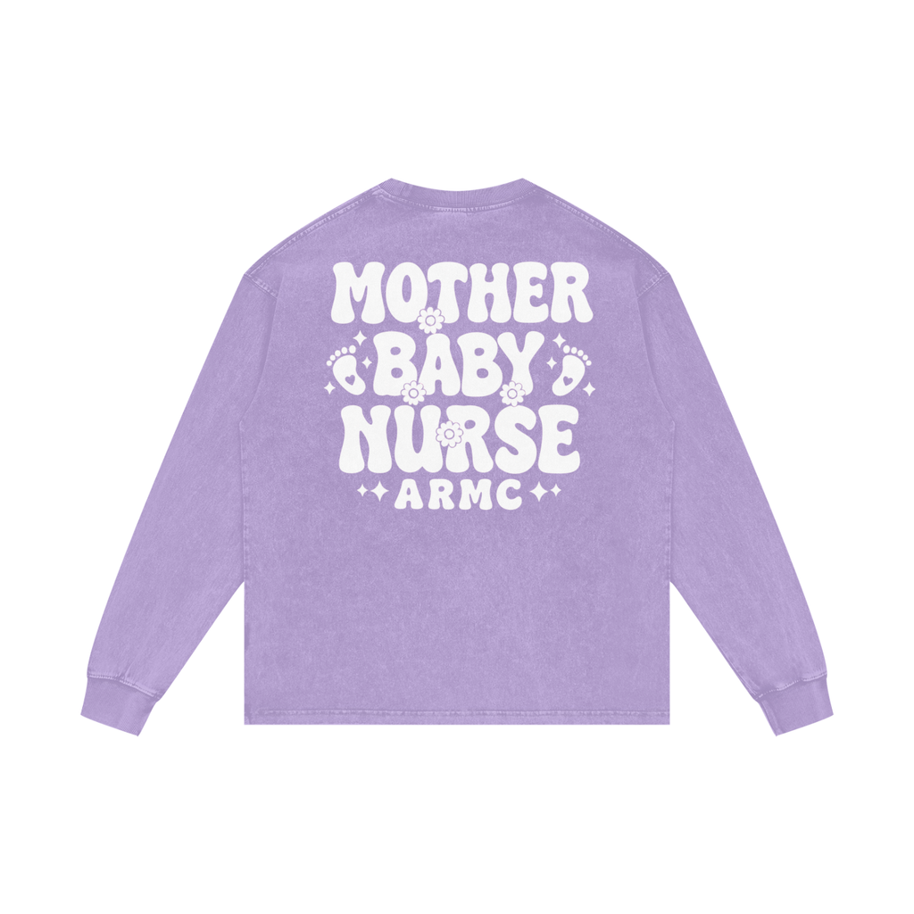 Mother Baby White Lettering- Adult Unisex Acid Wash Oversize Long Sleeve T-Shirt