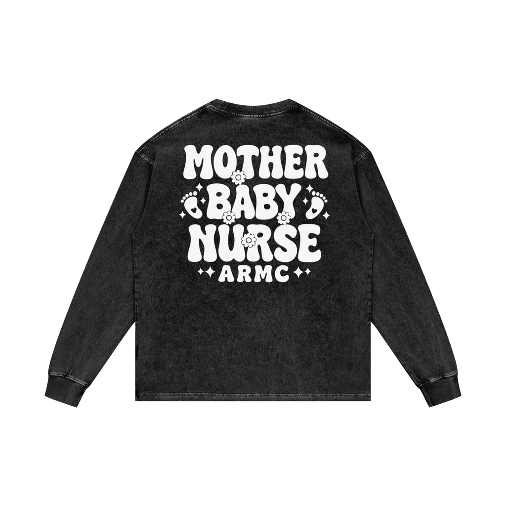 Mother Baby White Lettering- Adult Unisex Acid Wash Oversize Long Sleeve T-Shirt