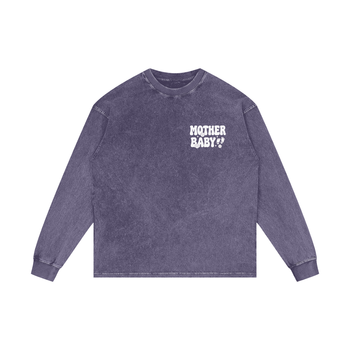 Mother Baby White Lettering- Adult Unisex Acid Wash Oversize Long Sleeve T-Shirt