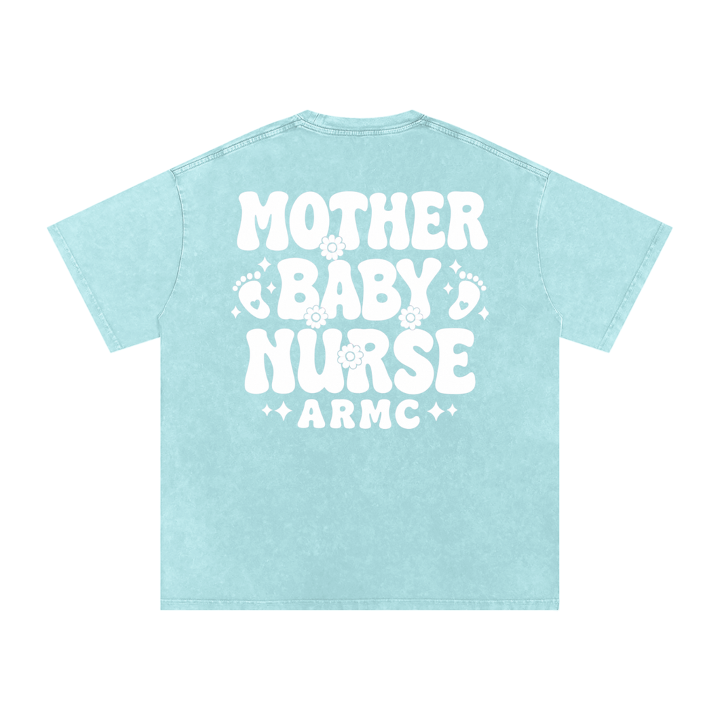 Mother Baby White Text- Adult Unisex Snow Washed Oversized Cotton T-Shirt