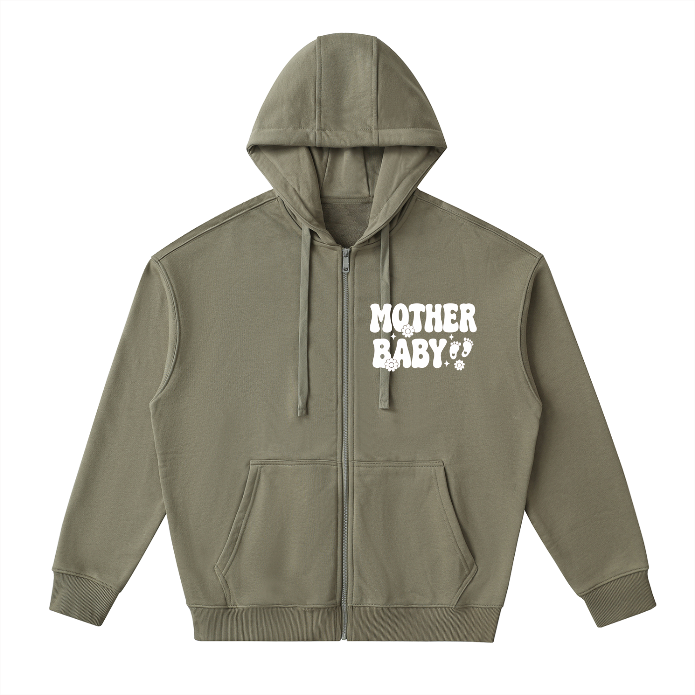 Mother Baby White Text - Adult Unisex Drop-Shoulder Zip Up Hoodie