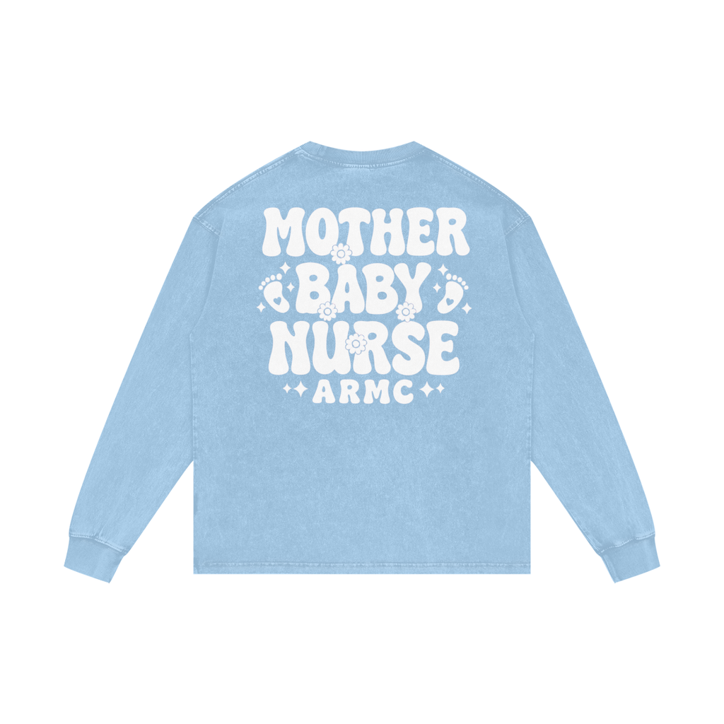 Mother Baby White Lettering- Adult Unisex Acid Wash Oversize Long Sleeve T-Shirt